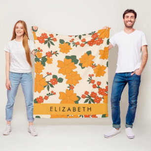 Oranje bloemen, bloemenpatroon, Jouw naam Fleece Deken