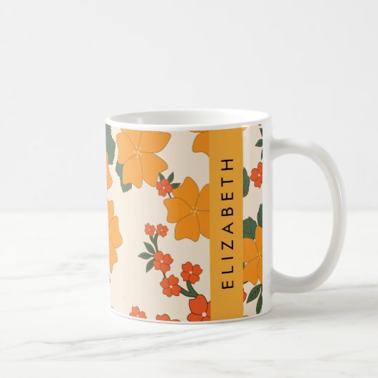 Oranje bloemen, bloemenpatroon, Jouw naam Koffiemok (Rechts)
