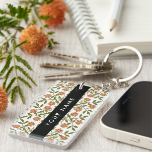Oranje bloemen, bloemmotief, Boho, Jouw naam Sleutelhanger