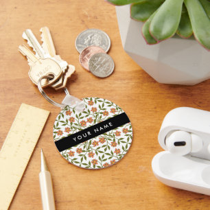 Oranje bloemen, bloemmotief, Boho, Jouw naam Sleutelhanger