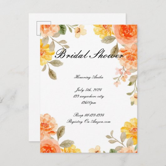 ORANJE BLOEMEN BOTANISCHE BRUIDSDOUCHE UITNODIGING (Voorkant / Achterkant)