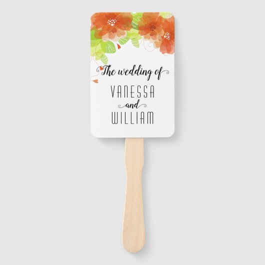 Oranje bloemen cursief script bruiloft programma handwaaier (Voorkant)