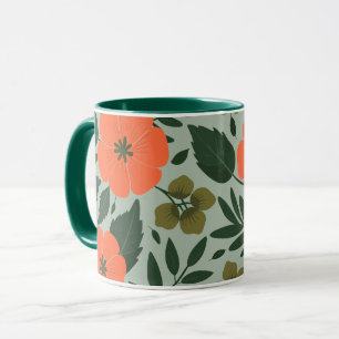 Oranje bloemen en groene bladeren mok