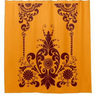 oranje bloemen en krullenprint douchegordijn