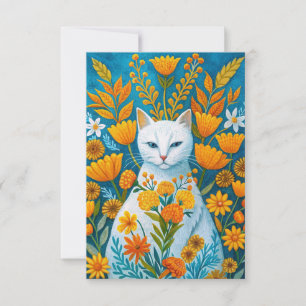 Oranje bloemen en witte kat bedankkaart