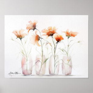 Oranje bloemen in glazen vazen poster