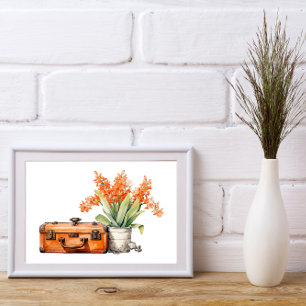 Oranje Bloemen in Pail met  Koffer Poster