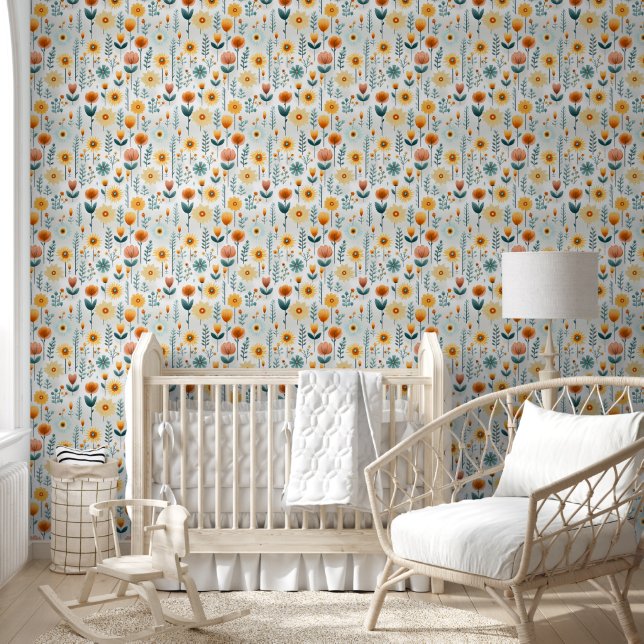 Oranje bloemen kleurrijk patroon behang (Kinderen)