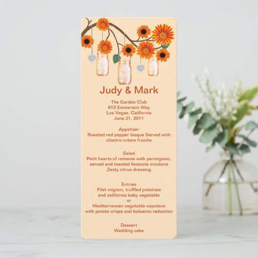 Oranje bloemen Mason Jars Menu Kaart (Staand voorkant)