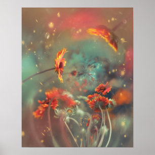 ORANJE BLOEMEN MET DROMERIGE ATMOSFERISCHE ACHTERG POSTER