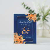 Oranje bloemen op marineblauw - Bewaar de datum Aankondigingskaart (Staand voorkant)