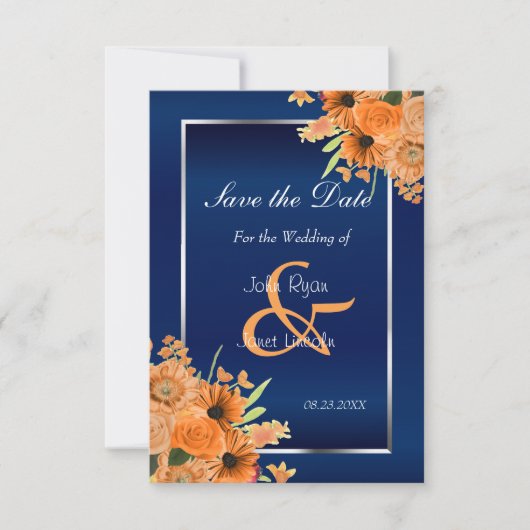  Oranje bloemen op marineblauw sparen de datum Save The Date (Voorkant)