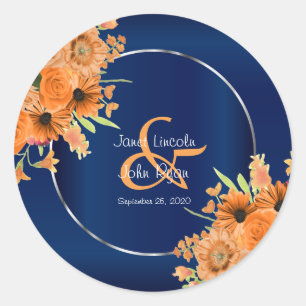  Oranje bloemen op Navy Blue Ronde Sticker