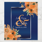 Oranje bloemen op Navy Blue Wijn Etiket (Enkel label)