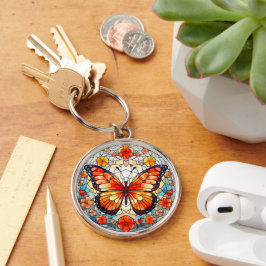 Oranje Bloemen Vlinder Glas in lood Sleutelhanger