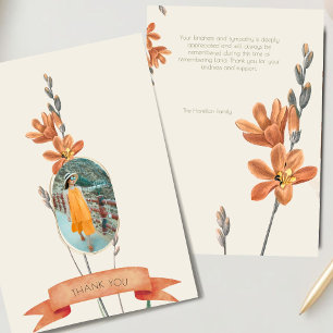 Oranje bloemenfoto begrafenissympathie dank u kaart