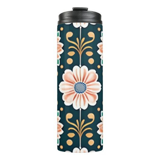 Oranje bloemenmotief op een zwarte achtergrond thermosbeker (Voorkant)