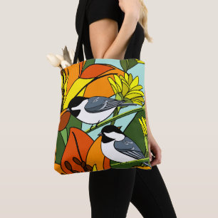 Oranje bloemenprint en chickadees draagtas
