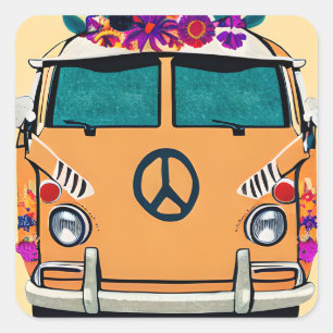 Oranje bloemenretro Hippie van  kunst Vierkante Sticker