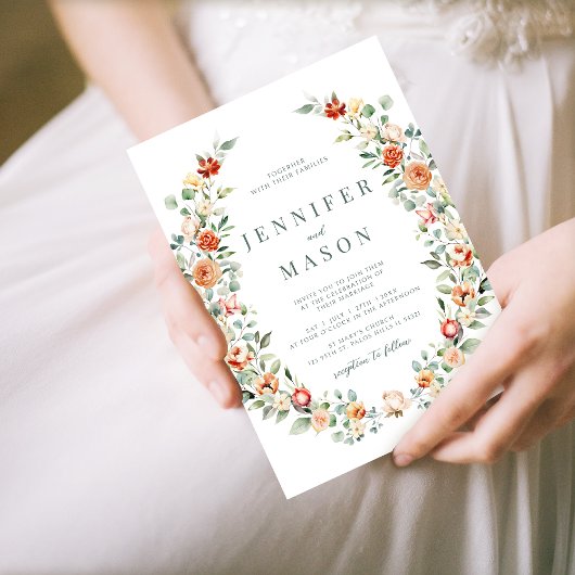 Oranje bloemenrustieke bruiloft Uitnodiging