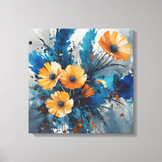 Oranje bloemenuitbarsting met blauwe Waterverf Canvas Afdruk