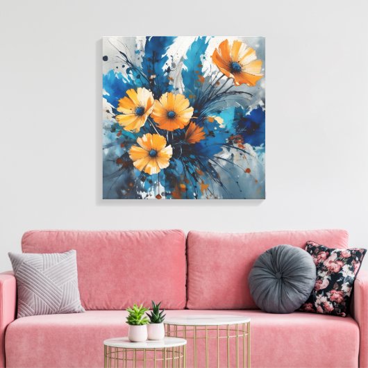 Oranje bloemenuitbarsting met blauwe Waterverf Canvas Afdruk (Insitu (Woonkamer))