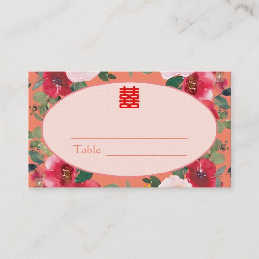 Oranje bloemetjesreceptie Chinese bruiloft Plaatskaartje (Voorkant)
