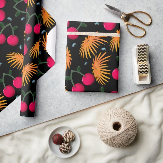 Oranje Bloemig Kersenpatroon Cadeaupapier (Crafts)