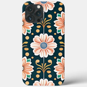 Oranje Bloemmotief op een Zwarte Achtergrond iPhone 13 Pro Max Hoesje