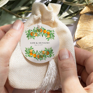 Oranje bloesem citrus bruiloft bedankjes labels
