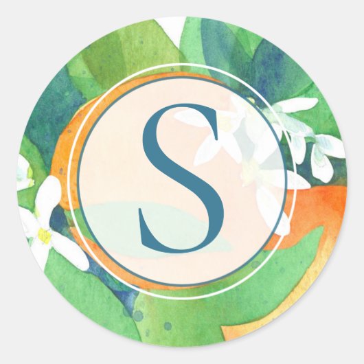 Oranje bloesem Citrusvruchten Waterverf Monogram Ronde Sticker (Voorkant)