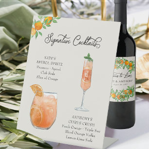 Oranje bloesem handtekening cocktails bruiloft bar reclamebord met voetstuk