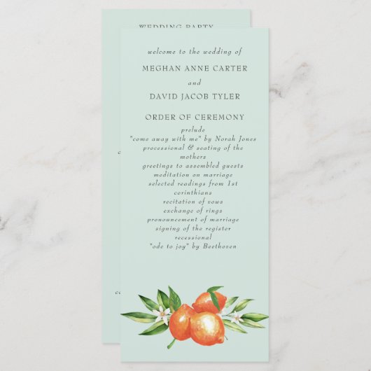 Oranje bloesems Citrus Botanical Wedding Programma (Voorkant / Achterkant)