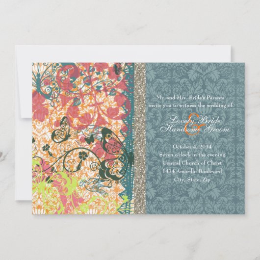 Oranje Blue Boho Chic Gypsy Wedding Invitations Kaart (Voorkant)