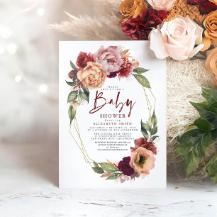 Oranje Blush Burgundy Red Floral Herfst Baby showe Kaart