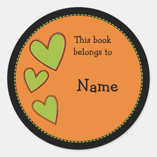 Oranje boekenplaat met groene harten ronde sticker (Voorkant)