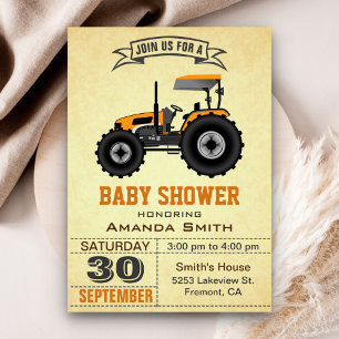 Oranje boerderij tractor baby shower uitnodiging