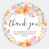 Oranje Boho Bloem Waterverf Bedankt Bruids- Ronde Sticker (Voorkant)