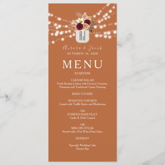 Oranje Boho Bloemige Bruiloft Menu (Voorkant)