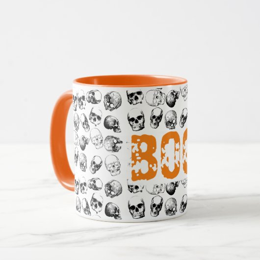 Oranje Boo Halloween Spooky Skull Patroon Mok (Voorkant links)