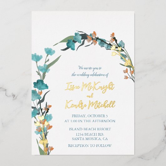 Oranje botanische waterverf van puistblauw folie uitnodiging (Voorkant)