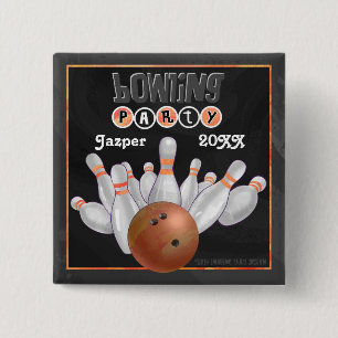 Oranje Bowling Party Vierkante Button 5,1 Cm