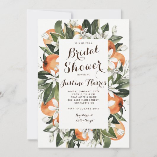 Oranje bruidsdoucheuitnodiging, Southern Bridal Kaart (Voorkant)