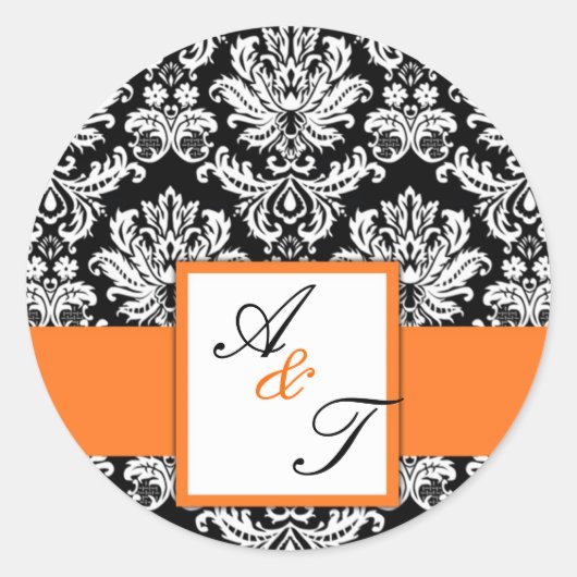Oranje bruiloft Monogram Damask Seal Ronde Sticker (Voorkant)
