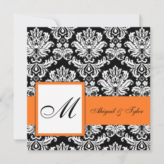 Oranje bruiloft Monogram Damask Uitnodiging (Voorkant)