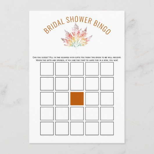 Oranje bruiloftsbingo spelkaart met bladprint informatiekaartje (Voorkant)