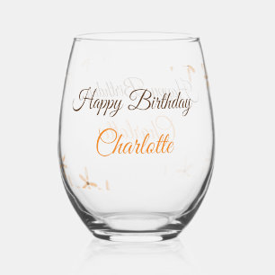 Oranje bruine bloem Happy Birthday Naam toevoegen  Wijnglas Zonder Voet