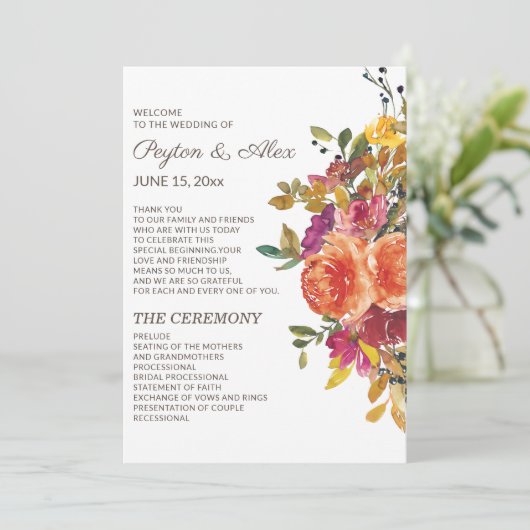 Oranje Burgundy Floral Wedding Programme Bridal Programma (Staand voorkant)