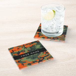 Oranje camouflagepatroon, jouw naam, personaliseer glazen onderzetter