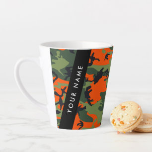Oranje camouflagepatroon, jouw naam, personaliseer latte mok